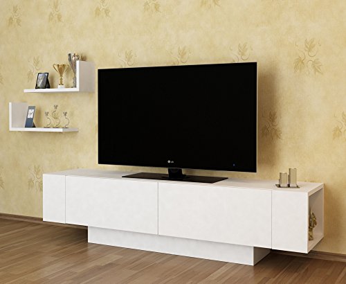 Hanah Home Modern White TV Unit with Wall Shelves (2 Pieces), 150 cm x 40 cm x 31.5 cm | 100% Melamine Coated, 18 mm Thick | Stylish Scandinavian Design, Space-Saving Solution von Hanah Home