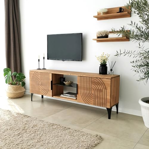 Hanah Home Rustic Oak TV Unit with Metal Frame, 100% Pine Solid Wood, Antibacterial & Rustproof Legs | 150 x 40 x 30 cm | Perfect for Traditional & Industrial Decor von Hanah Home