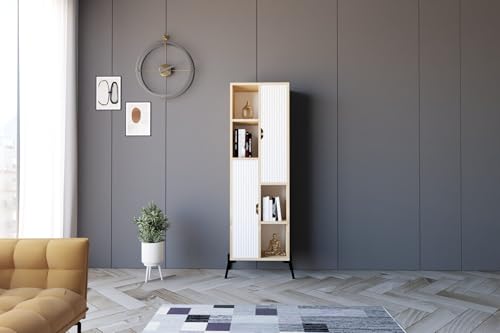 Hanah Home Scandinavian Bookshelf, Sapphire Oak & White, 48.2 x 160 x 30 cm | 100% Melamine Coated, MDF Membrane Door, Iron Legs | Stylish Storage Solution von Hanah Home