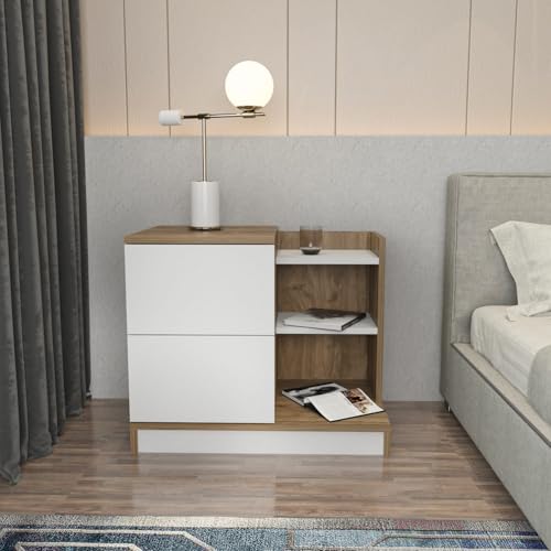 Hanah Home Scandinavian Nightstand, White & Walnut, 72 x 45 x 60 cm | 100% Melamine Coated Particle Board, 18 mm Thick | Stylish & Functional Storage Solution von Hanah Home