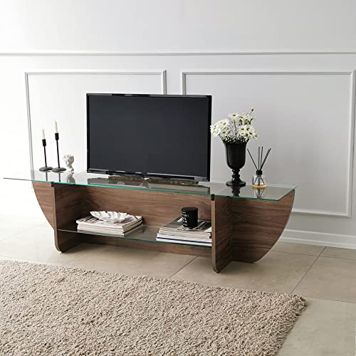 Hanah Home Scandinavian TV Stand, Walnut, 158 cm x 40 cm x 35 cm | 100% Tempered Glass & Melamine Coated Particle Board, 18 mm Thick | Stylish & Functional Design von Hanah Home