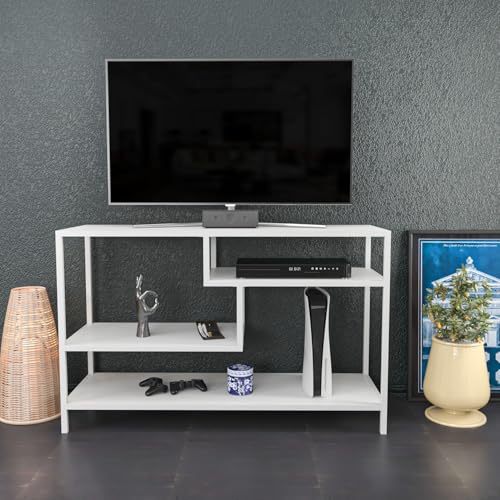 Hanah Home Scandinavian TV Stand, White, 120 x 39 x 75 cm | 100% Melamine Coated Particle Board, 18 mm Thick, Sturdy Metal Frame | Stylish & Functional Design von Hanah Home