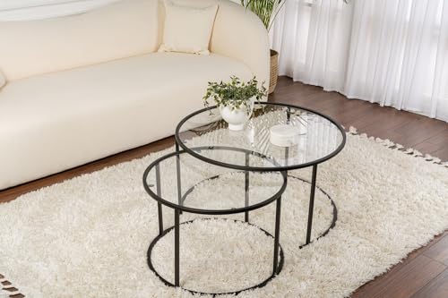 Hanah Home Stylish Coffee Table Set (2 Pieces), Black & Transparent, 60x60x39 & 80x80x43 cm | 100% Tempered Glass & Metal Frame | Modern Design for Living Room von Hanah Home
