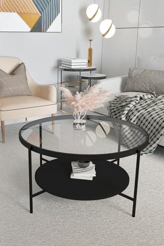 Hanah Home Stylish Coffee Table with Tempered Glass Top, 75 x 75 x 45 cm | Durable MDF & Metal Frame | Modern Design with Bottom Shelf | Elegant Black & Transparent Finish von Hanah Home