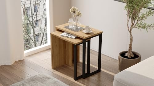 Hanah Home Stylish Nesting Table Set (2 Pieces), Walnut & Oak, 51x52.8x29.5 & 44.5x47.8x24.5 | 100% Melamine Coated, 18mm Thick | Durable Metal Legs, Modern Design von Hanah Home