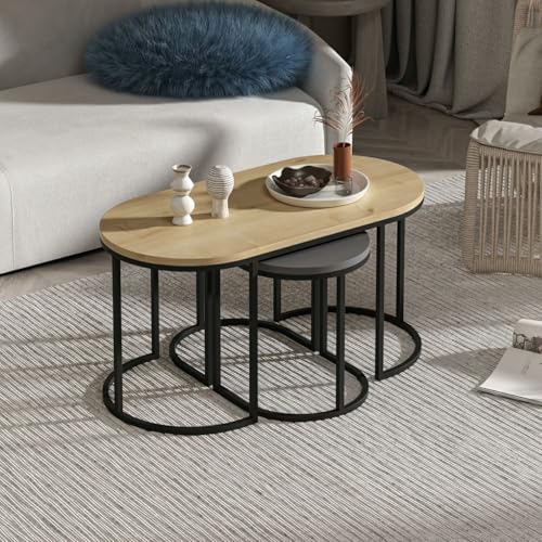 Hanah Home Stylish Nesting Table Set (3 Pieces), Oak & Anthracite, 90x45x45 cm & 35x40x30 cm | 100% Melamine Coated, 18mm Thick, Metal Frame | Ideal for Modern Living Spaces von Hanah Home