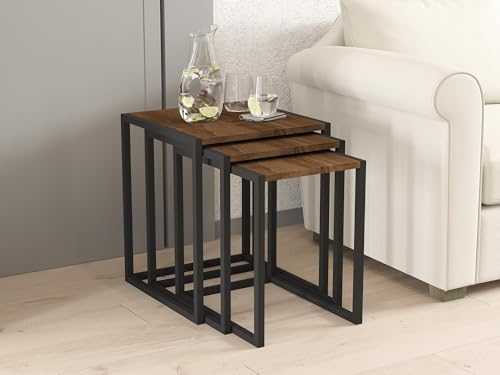 Hanah Home Stylish Nesting Table Set (3 Pieces) - Black & Walnut, 100% Melamine Coated, Iron Legs, Large: 44x52x45cm, Medium: 39x49x45cm, Small: 34x46x45cm | Perfect for Modern Living Spaces von Hanah Home