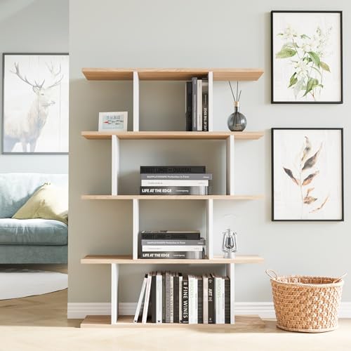 Hanah Home Stylish Oak & White Bookshelf, 90 cm x 25 cm x 127.4 cm | 100% Melamine Coated Particle Board, 18 mm Thick | Wall-Mountable, Multiple Shelves for Modern Spaces von Hanah Home
