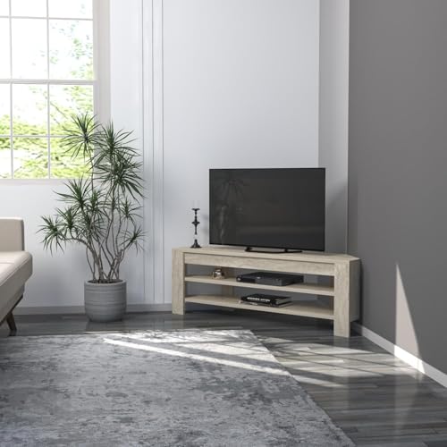 Hanah Home Stylish TV Stand, Travertine Color, 120 x 40 x 30 cm | 100% Melamine Coated Particle Board, 18 mm Thick | Wall-Mountable with Multiple Shelves von Hanah Home