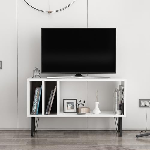 Hanah Home Stylish TV Stand with Wall-Mount Option, White & Dark Grey, 90 x 25 x 53 cm | 100% Melamine Coated Particle Board, 18 mm Thick | Multiple Shelves for Modern Living Rooms von Hanah Home