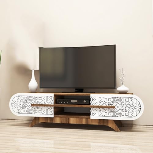 Hanah Home Stylish TV Unit, Walnut & White, 145 x 37 x 37 cm | 100% Melamine Coated Particle Board, 18 mm Thick | Modern Design for Living Room & Entertainment Spaces von Hanah Home