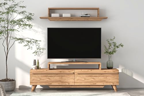 Hanah Home Stylish TV Unit with Wall Shelf, Atlantic Pine, 150 cm x 49 cm x 31 cm | 100% Melamine Coated Particle Board, 18 mm Thick | Modern Design for Living Room von Hanah Home