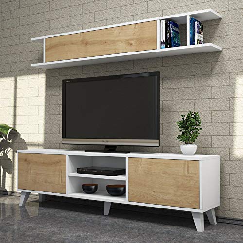 Hanah Home Stylish TV Unit with Wall Shelf, White & Pine, 160 cm | 100% Melamine Coated Particle Board, 18 mm Thick | Multiple Shelves & Wall-Mountable Design von Hanah Home