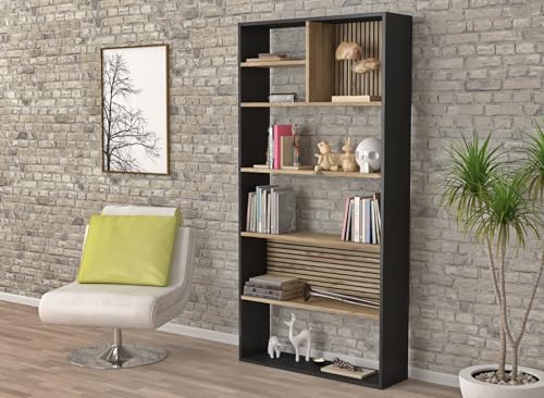 Hanah Home Stylish Wall-Mounted Bookshelf, 90 cm x 180 cm x 25 cm | 100% Chipboard, MDF Frame, 18 mm Thick | Elegant Wooden & Black Finish, Space-Saving Design Hanah Home Stylish Wall-Mounted Bookshelf, 90 cm x 180 cm x 25 cm | 100% Chipboard, MDF Frame, 18 mm Thick | Elegant Wooden & Black Finish, Space-Saving Design von Hanah Home