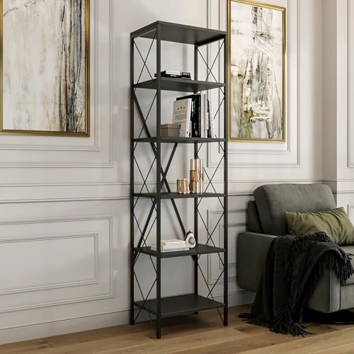 Hanah Home Stylish Wall-Mounted Bookshelf, Anthracite & Black, 50 x 180 x 30 cm | 100% Melamine Coated Particle Board, Metal Frame | Durable & Space-Saving Design Hanah Home Stylish Wall-Mounted Bookshelf, Anthracite & Black, 50 x 180 x 30 cm | 100% Melamine Coated Particle Board, Metal Frame | Durable & Space-Saving Design von Hanah Home