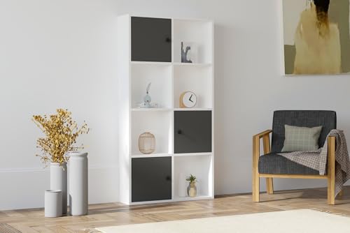 Hanah Home Stylish Wall-Mounted Bookshelf, White & Anthracite, 77.8 x 151.4 x 22 cm | 100% Melamine Coated Particle Board, 18 mm Thick | Modern Storage Solution von Hanah Home