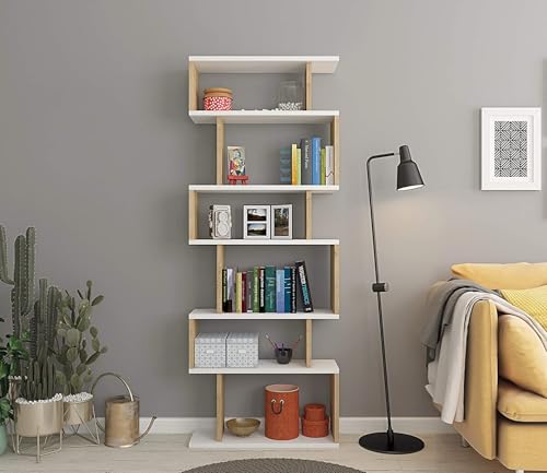 Hanah Home Stylish Wall-Mounted Bookshelf, White & Oak, 60 x 19.6 x 160 cm | 100% Melamine Coated Particle Board, 18 mm Thick | Space-Saving Design with Numerous Shelves von Hanah Home
