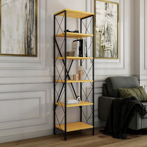 Hanah Home Stylish Wall-Mounted Bookshelf, Yellow & Black, 50 x 180 x 30 cm | 100% Melamine Coated Particle Board, Metal Frame | Durable & Space-Saving Design von Hanah Home