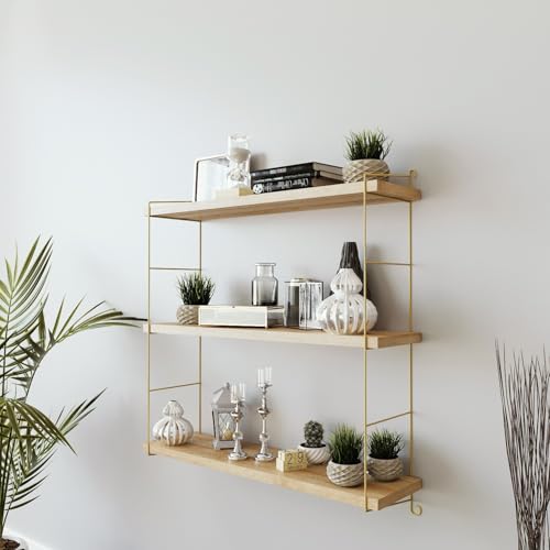 Hanah Home Stylish Wall Shelf, Gold & Oak, 60 x 60 x 18 cm | 100% Melamine Coated Particle Board, 18 mm Thick | Durable Electrostatic Powder Coated Metal Legs, Modern Design von Hanah Home