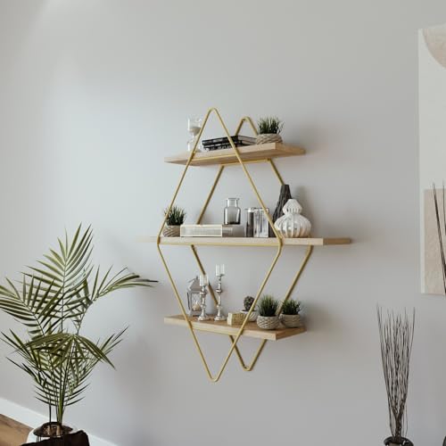 Hanah Home Stylish Wall Shelf, Gold & Oak, 60 x 70 x 14 cm | 100% Melamine Coated Particle Board, 18 mm Thick | Durable Electrostatic Powder Coated Metal Legs, Modern Design von Hanah Home
