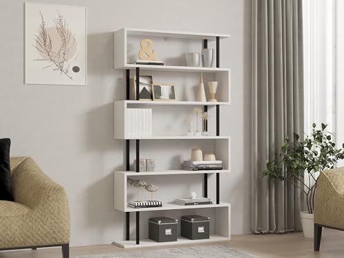 Hanah Home Stylish White Bookshelf, 90 x 162.6 x 22 cm | 100% Melamine Coated Particle Board, 18 mm Thick | Wall-Mountable, Multiple Shelves for Extra Storage von Hanah Home