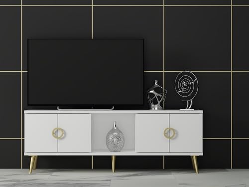 Hanah Home Stylish White TV Stand, 120 x 30 x 45 cm | 100% Melamine Coated Particle Board, 18 mm Thick | Durable PVC Legs, Perfect for Modern Living Rooms von Hanah Home