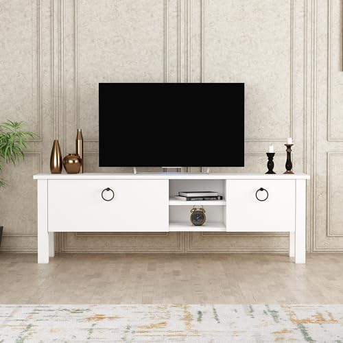 Hanah Home Stylish White TV Stand, 140 cm x 44.8 cm x 35 cm | 100% Melamine Coated Particle Board | Ample Storage & Shelves for Modern Living Rooms von Hanah Home