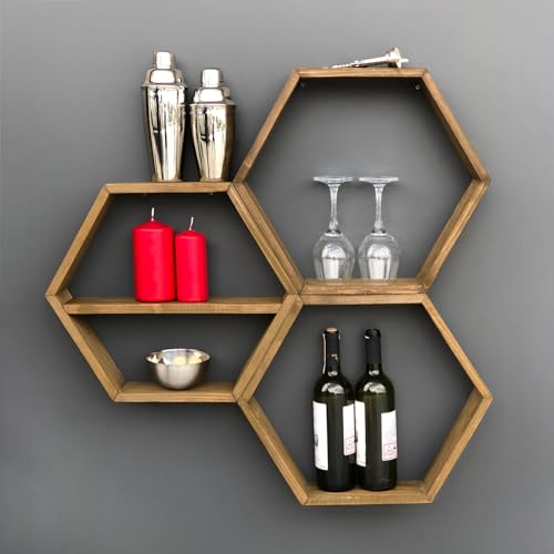 Handmade Rustic Wall Shelf Set (3 Pieces), Walnut Color, 37 x 37 x 10 cm | 100% Spruce Wood | Perfect for Traditional Home Decor & Storage von Hanah Home