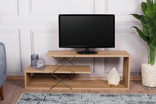 Industrial TV Stand, Oak Color, 120 cm Width x 40 cm Height x 30 cm Depth | 100% Melamine Coated Particle Board, 18 mm Thick | Multiple Shelves for Storage von Hanah Home