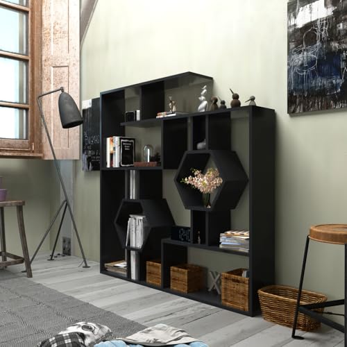 Modern Black Bookshelf, 134 x 134 x 22 cm | 100% Melamine Coated Particle Board, 18 mm Thick | Wall-Mountable, Stylish Storage Solution for Home & Office von Hanah Home
