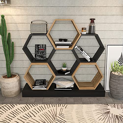 Modern Bookshelf, Black & Oak, 120 x 29.5 x 109 cm | 100% Melamine Coated Particle Board, 18 mm Thickness | Stylish Storage for Home & Office Modern Bookshelf, Black & Oak, 120 x 29.5 x 109 cm | 100% Melamine Coated Particle Board, 18 mm Thickness | Stylish Storage for Home & Office von Hanah Home