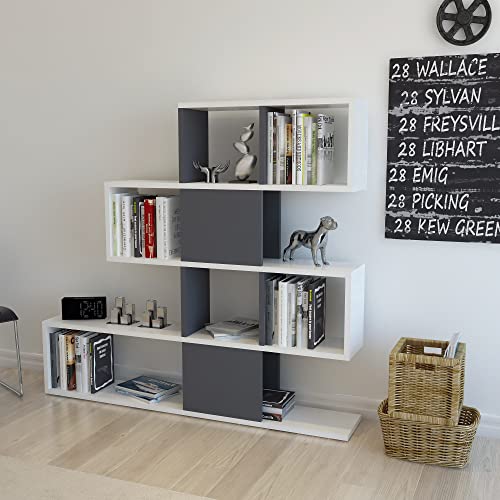 Modern Bookshelf, White & Anthracite, 120 x 19.5 x 109 cm | 100% Melamine Coated Particle Board, 18 mm Thick | Stylish Storage for Home & Office von Hanah Home