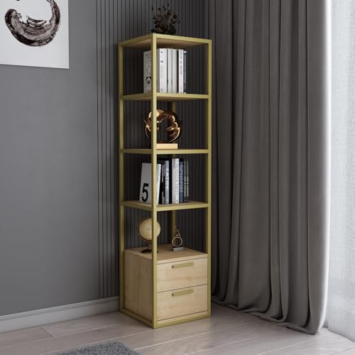 Modern Glam Bookshelf, Gold & Oak, 39 x 39 x 160 cm | 100% Melamine Coated Particle Board, 18 mm Thick, Sturdy Metal Frame | Stylish Storage for Home & Office von Hanah Home