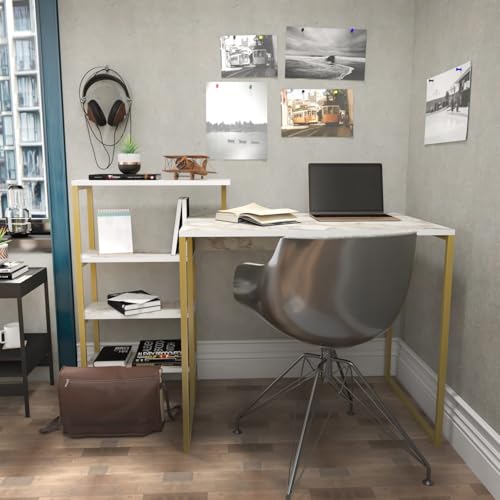 Modern Glam Study Desk, Gold Finish, 133 x 60 x 76.8 cm | 100% Melamine Coated Particle Board, 18 mm Thick, Sturdy Metal Frame | Stylish & Functional von Hanah Home