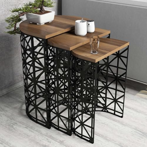 Modern Nesting Table Set (3 Pieces) - Walnut & Black, 100% Melamine Coated, Metal Frame, 18mm Thick | Stylish & Functional for Home & Office von Hanah Home