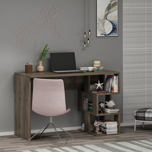 Modern Study Desk, Walnut, 110 x 73.8 x 50 cm | 100% Melamine Coated Particle Board, 18 mm Thick | Multiple Shelves for Stylish Organization von Hanah Home