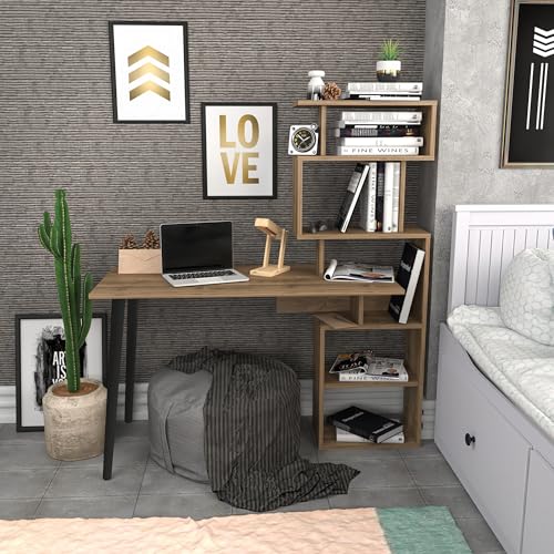 Modern Study Desk, Walnut Color, 133 x 55 x 146.4 cm | 100% Melamine Coated Particle Board, 18 mm Thickness | Stylish & Functional for Home Office von Hanah Home