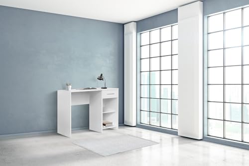 Modern Study Desk, White, 90 x 75 x 52 cm | 100% Melamine Coated Particle Board, 16 mm Thick | 1 Drawer, Multiple Shelves, Wall-Mountable, Stylish & Functional von Hanah Home