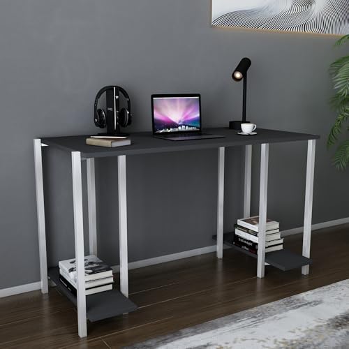Modern Study Desk, White & Anthracite, 125.2 x 60 x 73.8 cm | 100% Melamine Coated Particle Board, 18 mm Thick | Stylish & Functional for Home & Hotel von Hanah Home