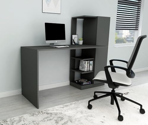 Modern Study Desk with Bookshelf, Anthracite, 120 x 55 x 73.8 cm | 100% Melamine Coated Particle Board, 18 mm Thick | Stylish & Functional Storage Solution von Hanah Home