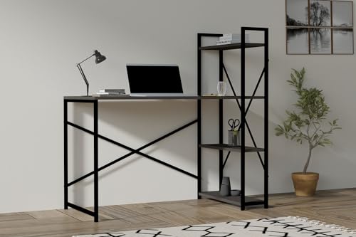 Modern Study Desk with Bookshelf, Anthracite, 120 x 75 x 60 cm | 100% Melamine Coated Particle Board, 18 mm Thick | Stylish Industrial & Scandinavian Design von Hanah Home