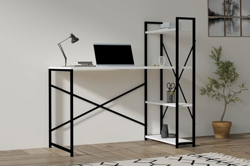 Modern Study Desk with Bookshelf, White, 120 x 75 x 60 cm | 100% Melamine Coated Particle Board, 18 mm Thick | Scandinavian Design for School & Home von Hanah Home