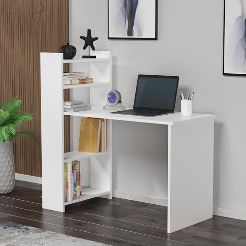 Modern Study Desk with Versatile Bookcase, White, 110 x 110 x 50 cm | 100% Melamine Coated, 18 mm Thick | Stylish & Functional for Home Office von Hanah Home
