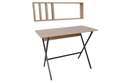Modern Study Desk with Wall Shelf, Oak & Black, 100 cm x 74 cm | 100% Melamine Coated Particle Board, 18 mm Thick, Metal Legs | Stylish & Functional for Home Office von Hanah Home