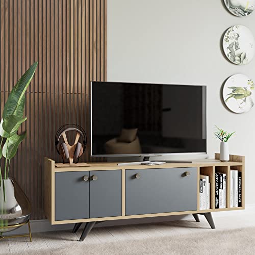 Modern TV Stand with Anthracite & Oak Finish, 150 cm Wide, 40 cm High, 62 cm Deep | 100% Melamine Coated, Wall-Mountable, Stylish & Functional Design von Hanah Home