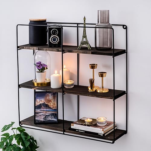 Modern Wall Shelf Set (3 Pieces), Black & Walnut, 60 x 14 cm | 100% Spruce Wood & Metal Frame | Stylish & Functional for Home & Office Decor von Hanah Home