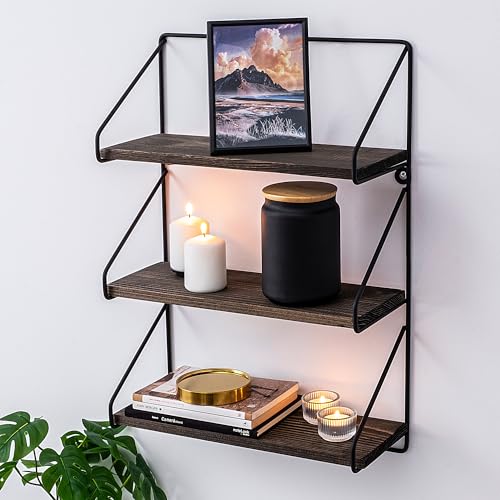 Modern Wall Shelf Set (3 Pieces), Black & Walnut, 60 x 40 x 15 cm | 100% Spruce Wood & Metal Frame | Stylish & Functional for Home & Office von Hanah Home