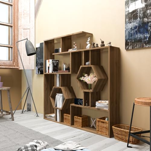 Modern Walnut Bookshelf, 134 x 134 x 22 cm | 100% Melamine Coated Particle Board, 18 mm Thick | Wall-Mountable, Stylish Storage Solution for Home & Office von Hanah Home