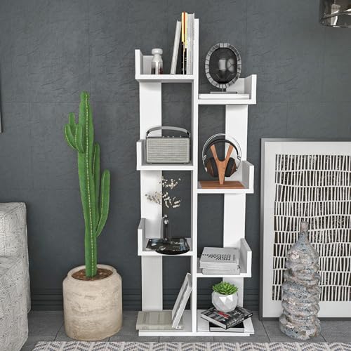 Modern White Bookshelf, 137 cm Height, 50 cm Width, 22 cm Depth | 100% Melamine Coated Particle Board, 18 mm Thickness | Stylish & Functional Storage Solution von Hanah Home