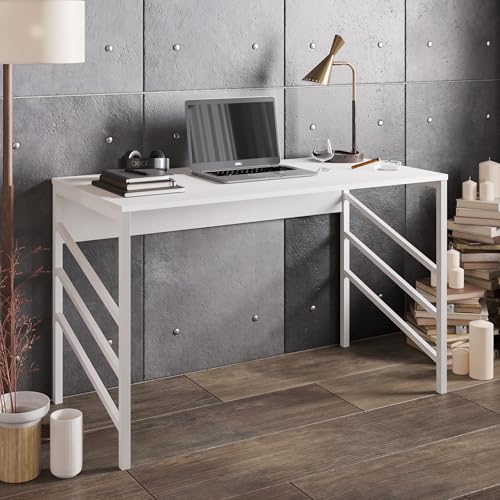 Scandinavian Study Desk, White, 120 x 75 x 60 cm | 100% Melamine Coated Particle Board, 18 mm Thick, Sturdy Metal Legs | Perfect for Modern Home Office von Hanah Home
